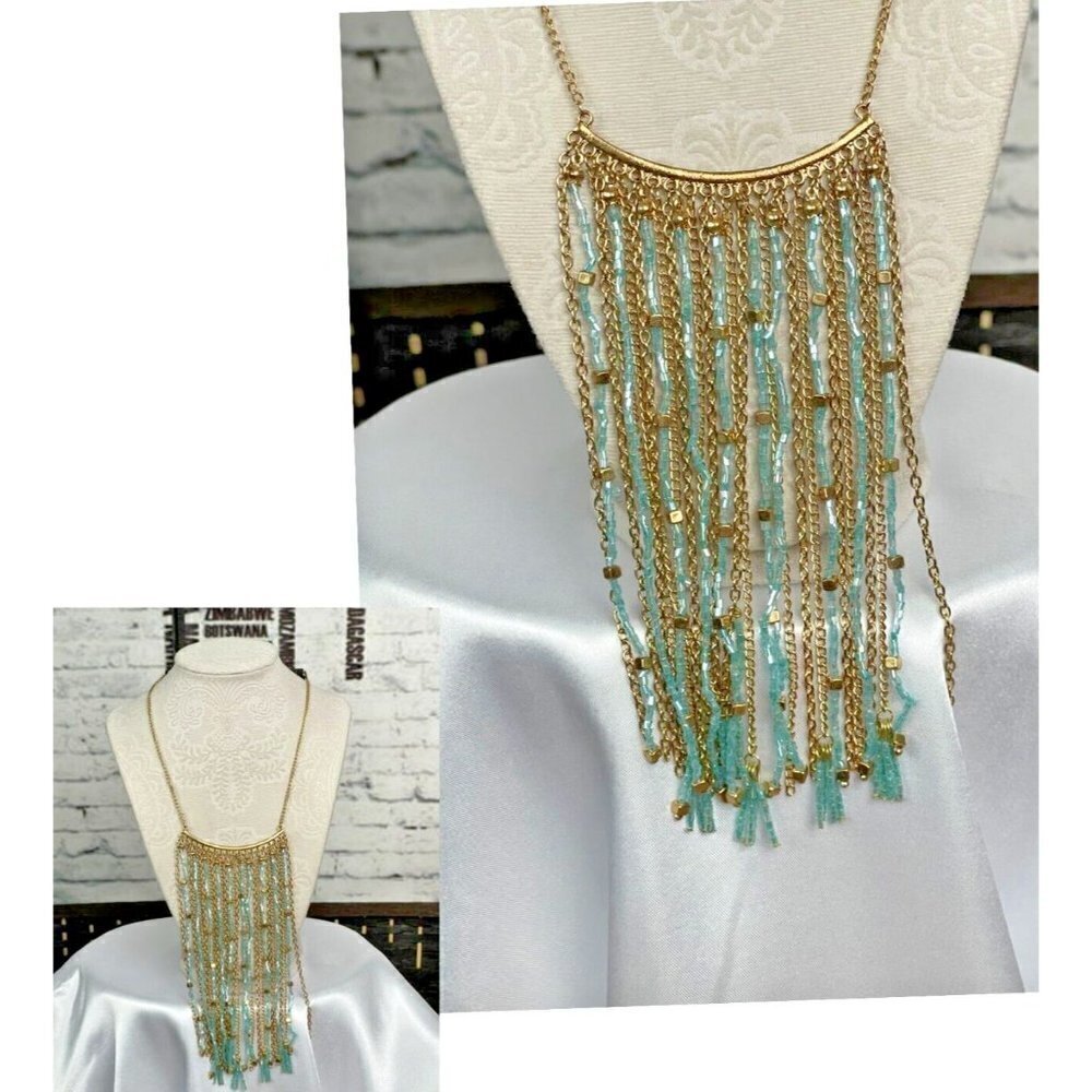 Carol Dauplaise Gold-Tone Turquoise Beaded Chain Fringe Statement Necklace